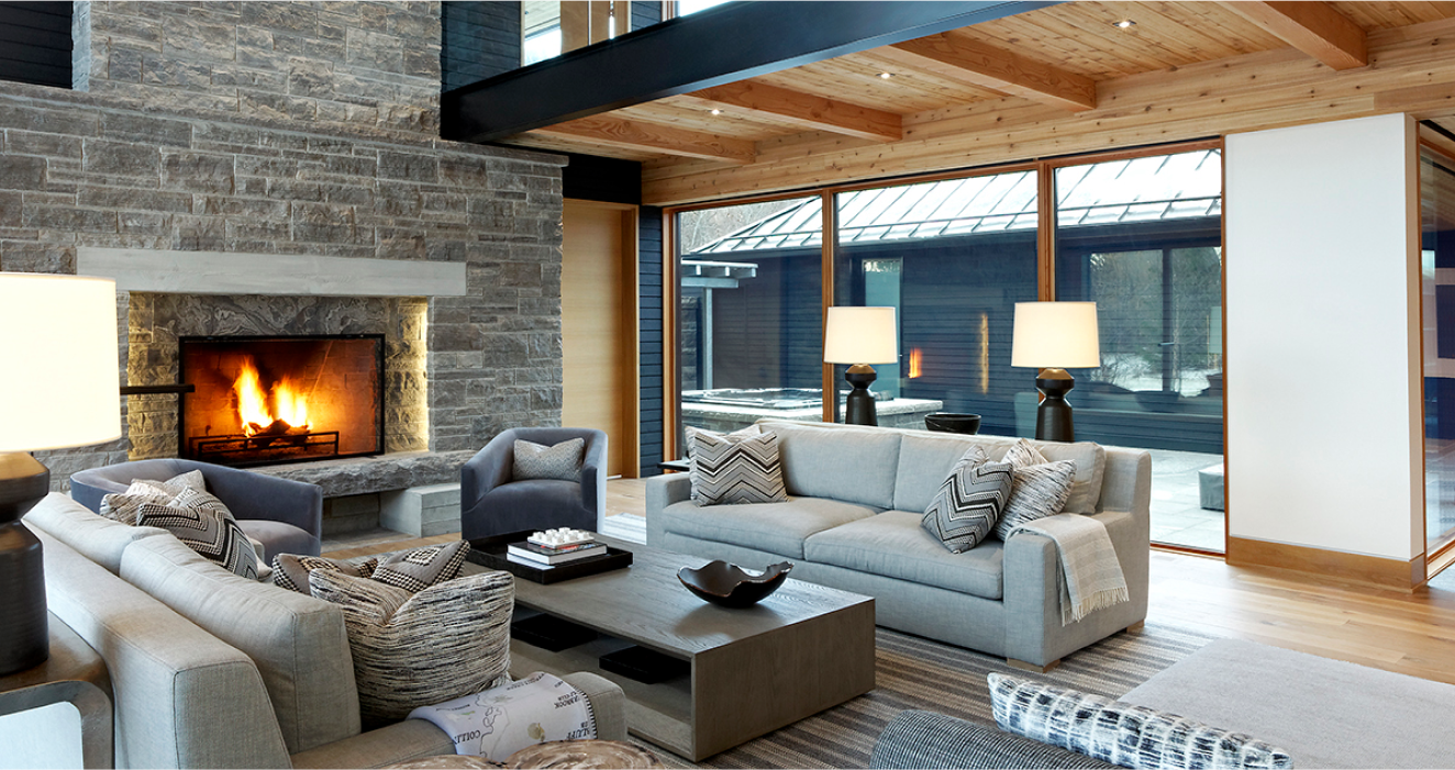 Living room in the house with a fireplace